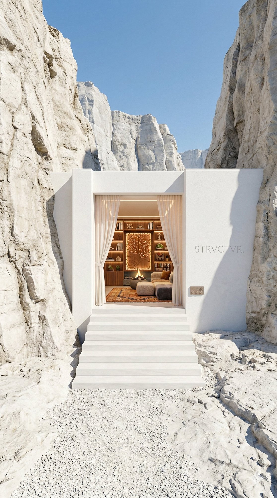 La maison STRVCTVR. — une architecture taillée dans la roche blanche, invitation à entrer